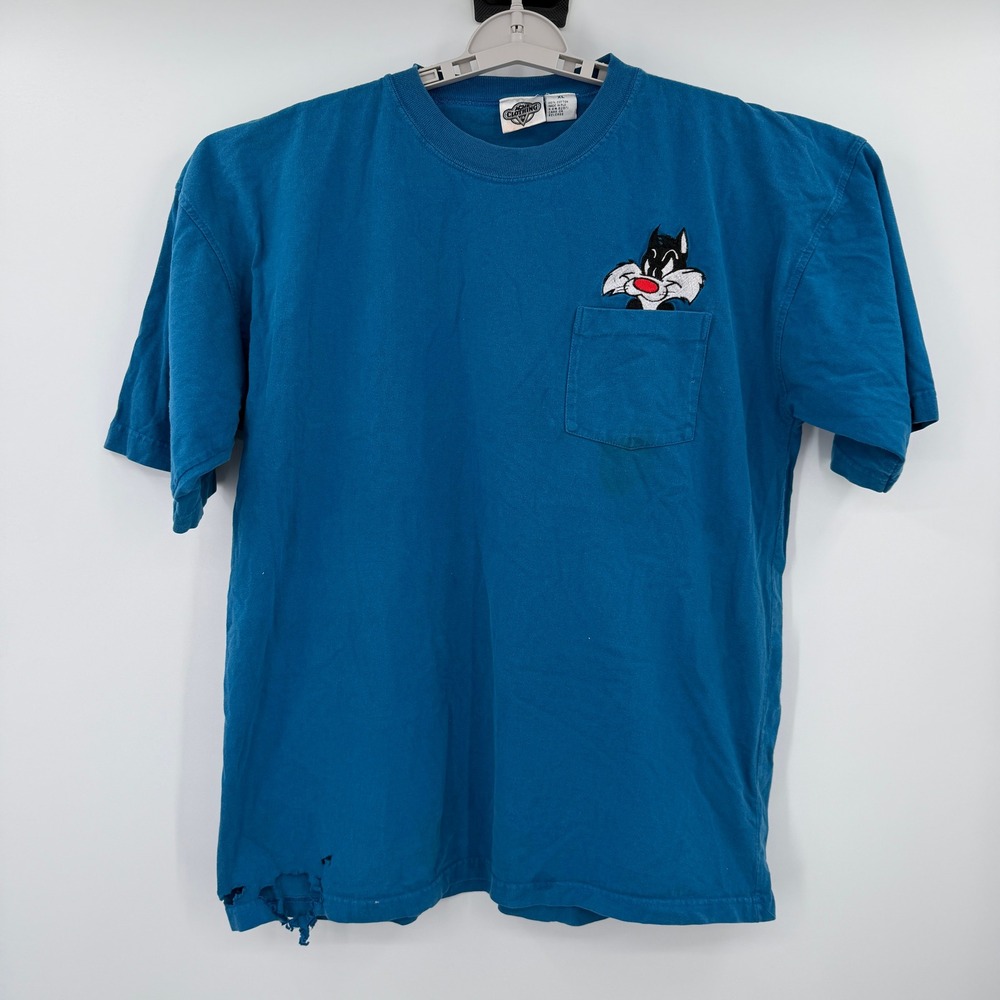 Vintage 1991 Acme Clothing Looney Tunes Sylvester the Cat Pocket T-Shirt Blue XL